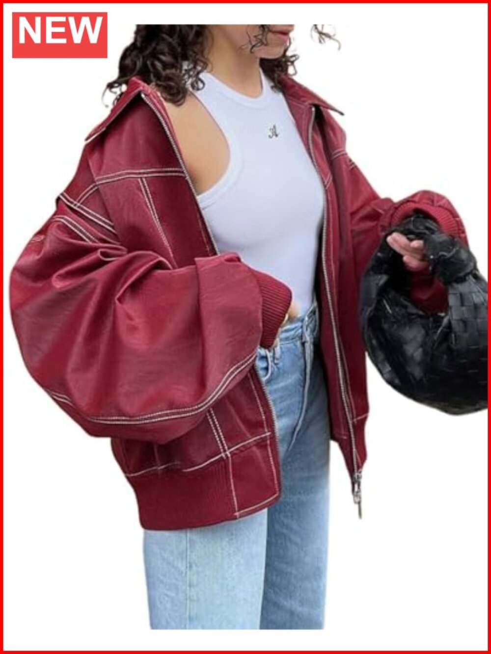 Faux Leather Oversized Moto Biker Jacket Zip Up Winter Coat